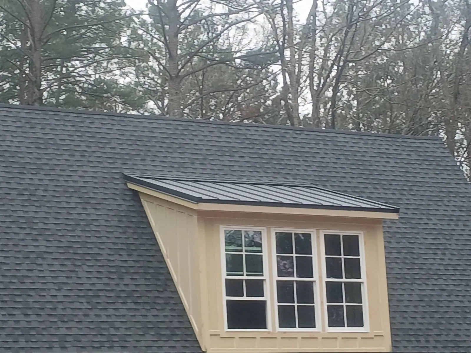 Close detail of a shingle roof meeting a standing seam metal dormer roof